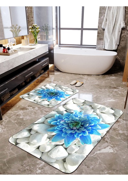 Mavi Çiçek Desenli 2'li Banyo Paspas Seti TLAHMP-081