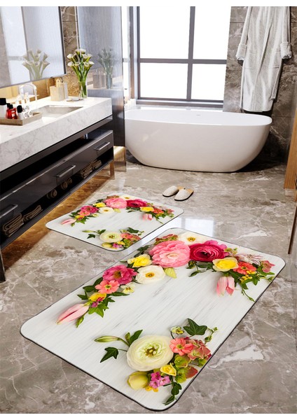 Renkli Çiçek Desenli 2'li Banyo Paspas Seti TLAHMP-097
