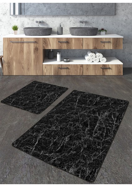 Siyah Mermer Desenli 2'li Banyo Paspas Seti TLAHMP-106