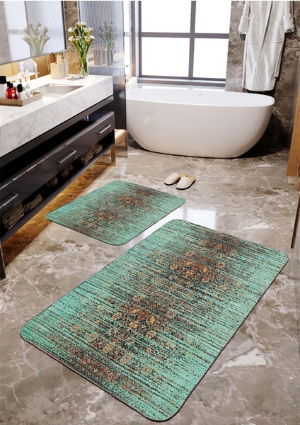Su Yeşili Eskitme Desenli 2'li Banyo Paspas Seti TLAHMP-120