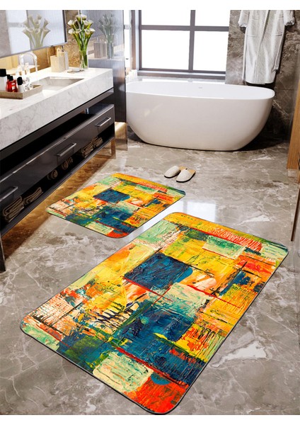 Renkli Yağlı Boya Baskılı 2'li Banyo Paspas Seti TLAHMP-128