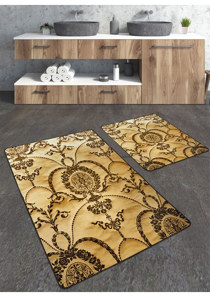 Gold Motif Desenli 2'li Banyo Paspas Seti TLAHMP-133