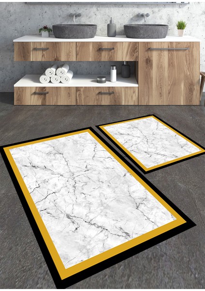 Sarı Siyah Çizgili Mermer Desenli 2'li Banyo Paspas Seti TLAHMP-143