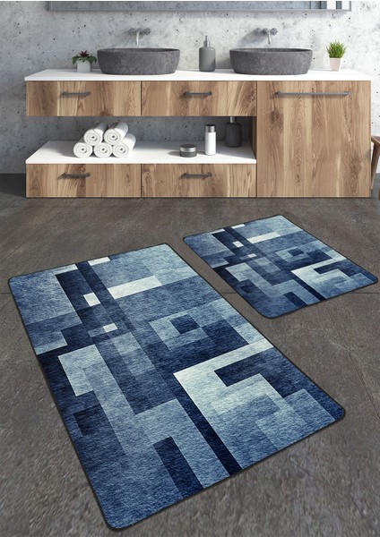 Mavili Geometrik Desenli 2'li Banyo Paspas Seti TLAHMP-144