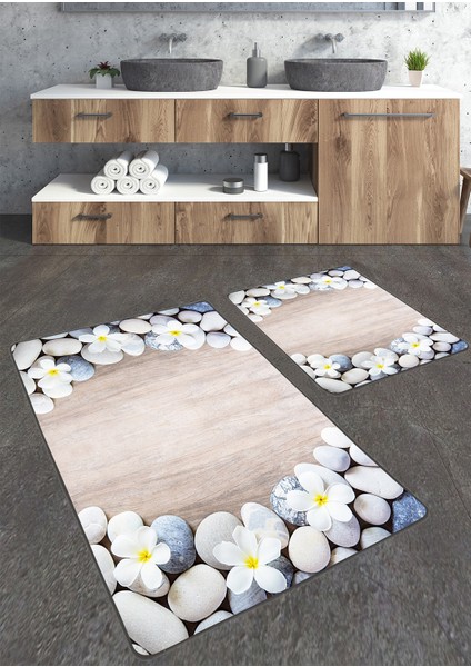 Ahşap Taş Desenli 2'li Banyo Paspas Seti TLAHMP-166