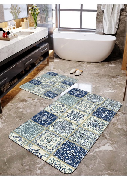 Patchwork Motif Desenli 2'li Banyo Paspas Seti TLAHMP-173