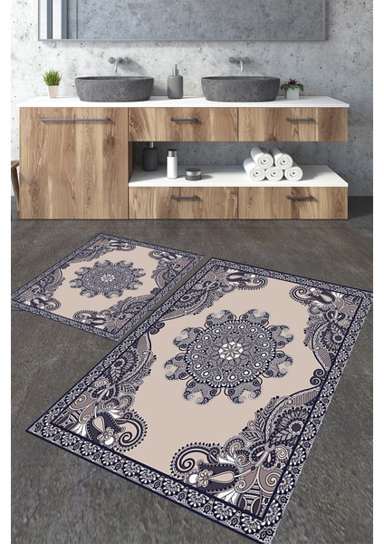 Etnik Bej Desenli 2'li Banyo Paspas Seti TLAHMP-191