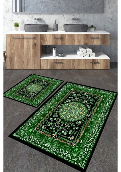 Zümrüt Yeşili Klasik Desen 2'li Banyo Paspas Seti TLAHMP-196