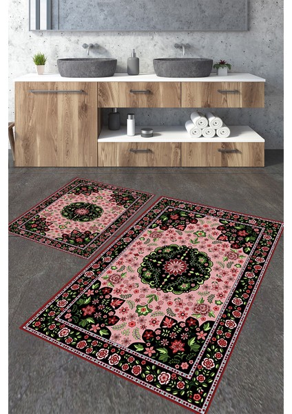 Pembe Klasik Desenli 2'li Banyo Paspas Seti TLAHMP-199