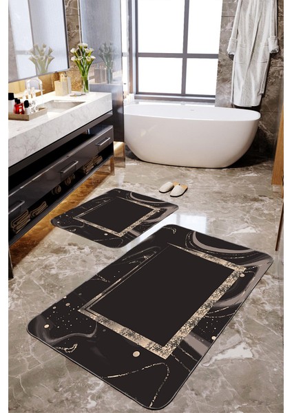 Kahverengi Zeminli Çerçeveli 2'li Banyo Paspas Seti TLAHMP-213