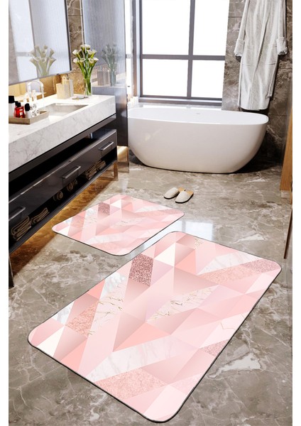 Modern Pembe Mermer Desenli 2'li Banyo Paspas Seti TLAHMP-222