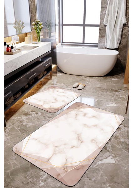 Sütlükahve Mermer Desenli 2'li Banyo Paspas Seti TLAHMP-223