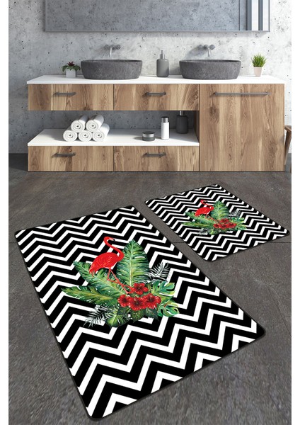 Zigzag Desenli Flamingolu 2 'li Banyo Paspas Seti TLAHMP-241