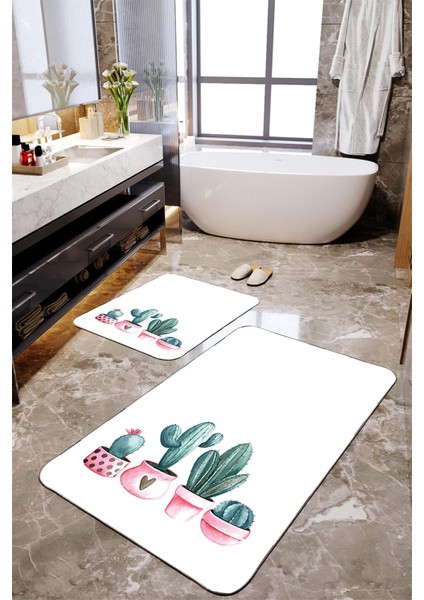 Kaktüs Desenli 2'li Banyo Paspas Seti TLAHMP-243