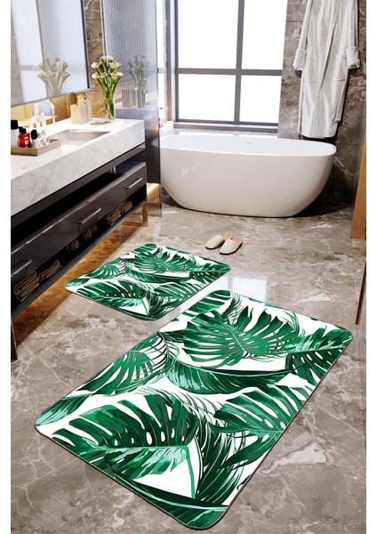 Yeşil Yaprak Desenli 2'li Banyo Paspas Seti TLAHMP-244