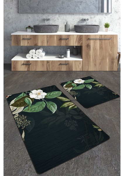 Yeşil Yaprak Desenli 2'li Banyo Paspas Seti TLAHMP-252