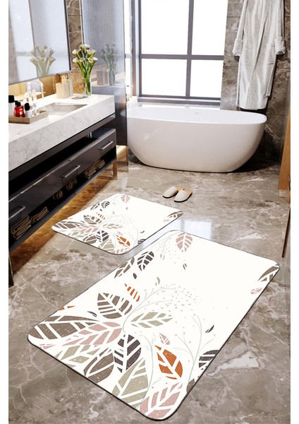 Yaprak Desenli 2'li Banyo Paspas Seti TLAHMP-258