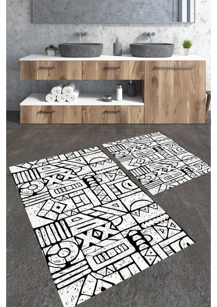 Siyah Beyaz Desenli 2'li Banyo Paspas Seti TLAHMP-268