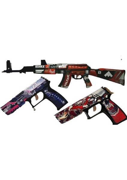Ahşap CS-GO AK-47 Tüfek P250 2'li Tabanca Karambite Oyuncak Set 3001