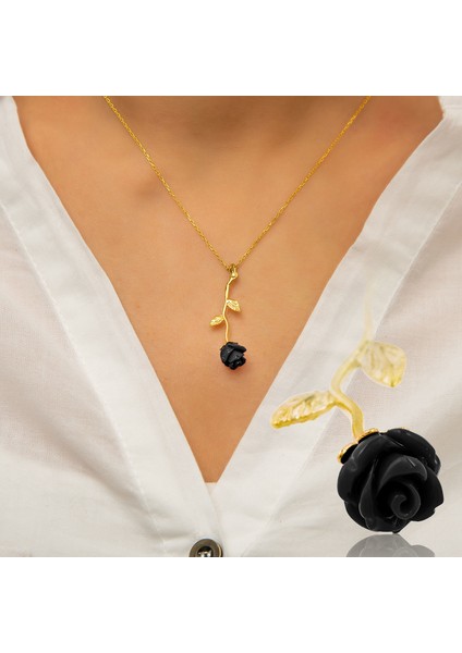 925 Ayar Gümüş Altın Kaplama Kara Gül Kolye