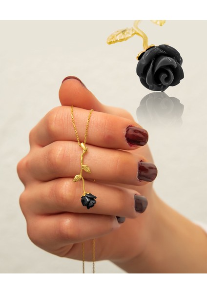 925 Ayar Gümüş Altın Kaplama Kara Gül Kolye fiyatları