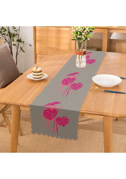 Fuşya Palmiye Yaprak Baskılı Dekoratif Runner