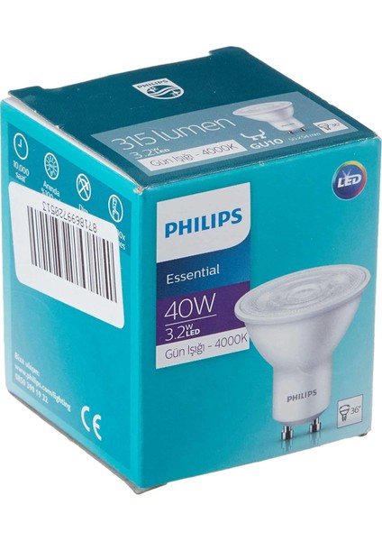 Essential 3.2-40W Kırık Beyaz Işık 4000K GU10 LED Spot Ampul 10 Adet