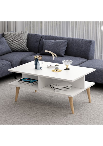 Ahşap Ayaklı Modern Dekoratif Orta Sehpa 90 cm Beyaz