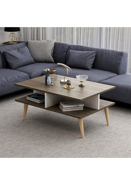 Ahşap Ayaklı Modern Dekoratif Orta Sehpa 90 cm Beyaz-Ceviz