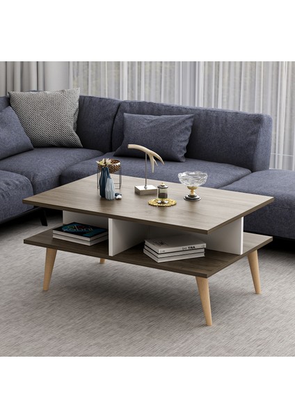 Ahşap Ayaklı Modern Dekoratif Orta Sehpa 90 cm Beyaz-Ceviz fiyatları