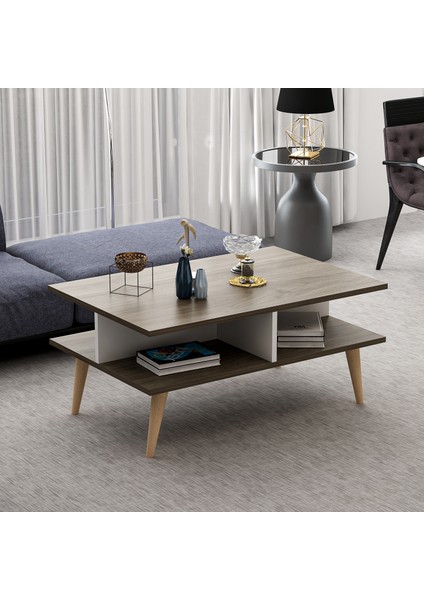 Ahşap Ayaklı Modern Dekoratif Orta Sehpa 90 cm Beyaz-Ceviz modelleri