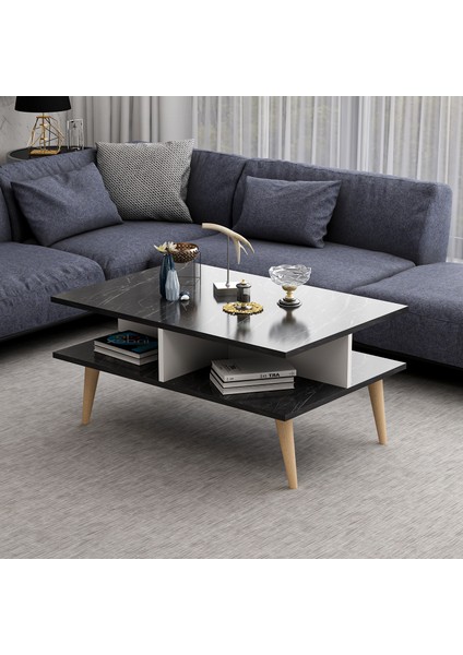 Ahşap Ayaklı Modern Dekoratif Orta Sehpa 90 cm Beyaz- Siyah Mermer Desen