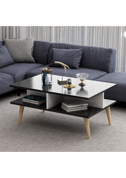 Ahşap Ayaklı Modern Dekoratif Orta Sehpa 90 cm Beyaz- Siyah Mermer Desen fiyatları
