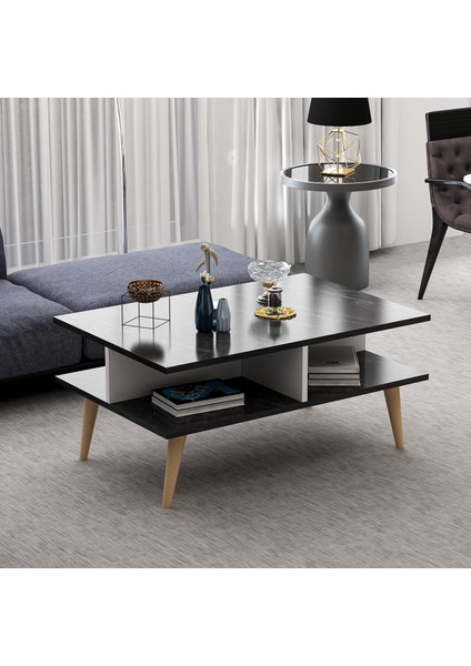 Ahşap Ayaklı Modern Dekoratif Orta Sehpa 90 cm Beyaz- Siyah Mermer Desen modelleri