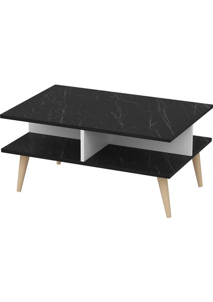 Ahşap Ayaklı Modern Dekoratif Orta Sehpa 90 cm Beyaz- Siyah Mermer Desen fırsatları
