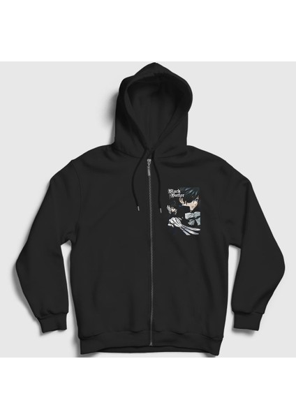 Unisex Siyah Poster Anime Kuroshitsuji Fermuarlı Kapüşonlu Sweatshirt