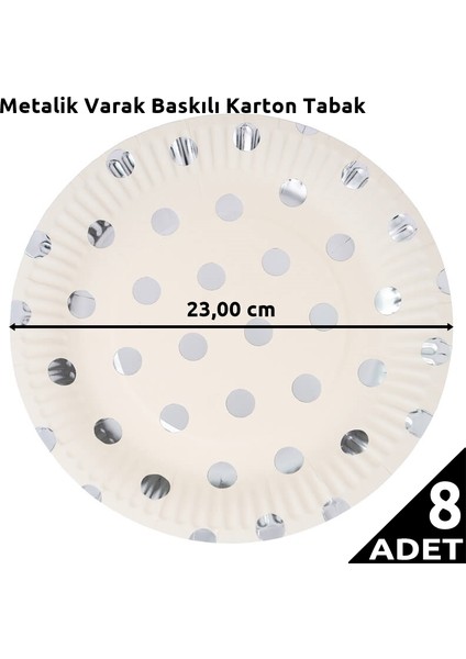 Varak Baskılı, Gümüş Puanlı Karton Tabak, 23 cm - 8 Adet