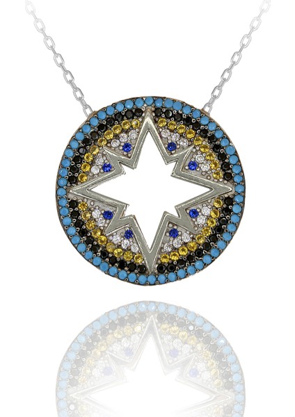 Renkli Taşlı Nazar Boncuklu Yuvarlak Kuzey Yıldızı Gümüş Kolye