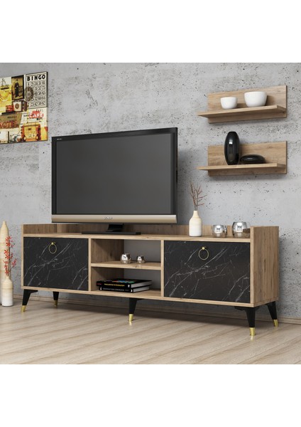 Tv Sehpası Mermer Desen Altın Kulplu 2 Raflı