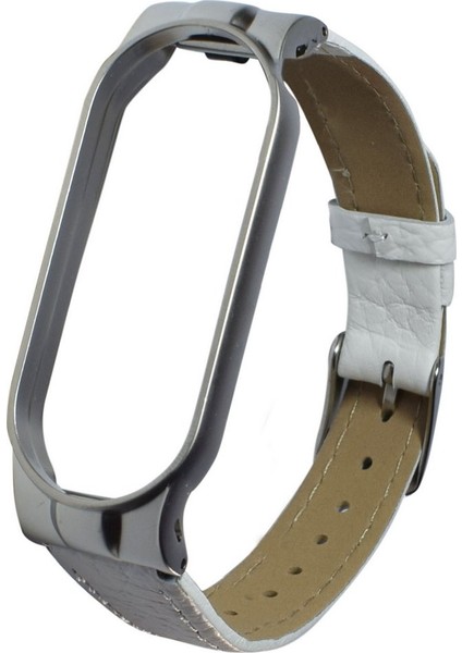 Xiaomi Mi Band 6 / Mi Band 5 Akıllı Bileklik Metal Çerçeveli Kordon Dikiş Desenli Deri Beyaz