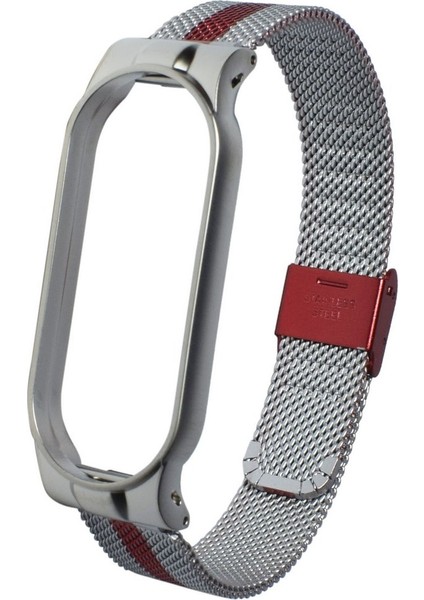 Xiaomi Mi Band 6 / Mi Band 5 Akıllı Bileklik Metal Kordon Renkli Milano Loop Gümüş - Kırmızı