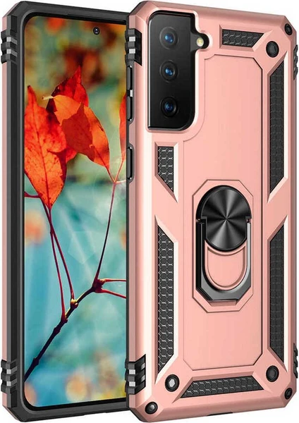 Case 4U Samsung Galaxy S21 Uyumlu Kılıf Çift Katmanlı Yüzüklü Manyetik Vega Kapak Rose Gold