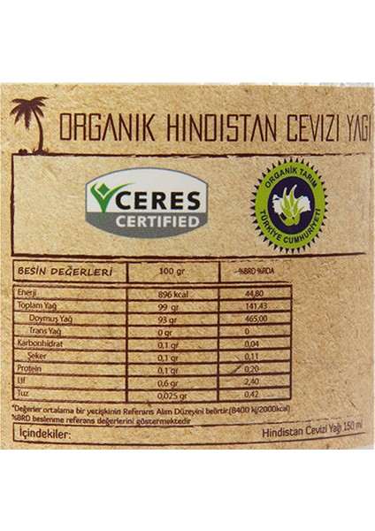 Organik Hindistan Cevizi Yağı Soğuk Sıkım 150 ml