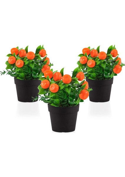 3 Adet Siyah Mini Plastik Saksıda Yapay Mandalina Çiçeği