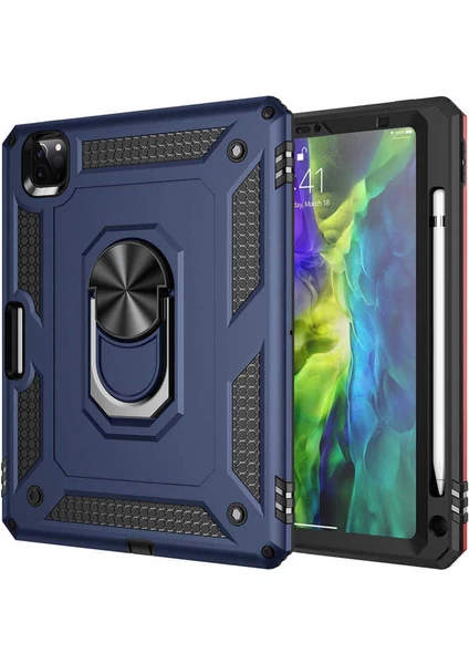 Case 4U Apple iPad Pro 11 Kılıf Çift Katmanlı Yüzüklü Manyetik Vega Kapak Lacivert