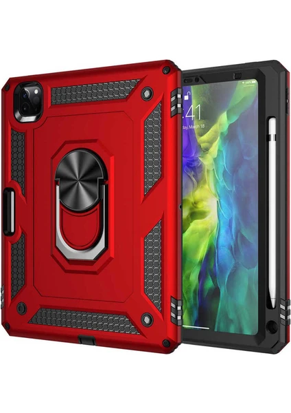 Case 4U Apple iPad Pro 11 Kılıf Çift Katmanlı Yüzüklü Manyetik Vega Kapak Kırmızı