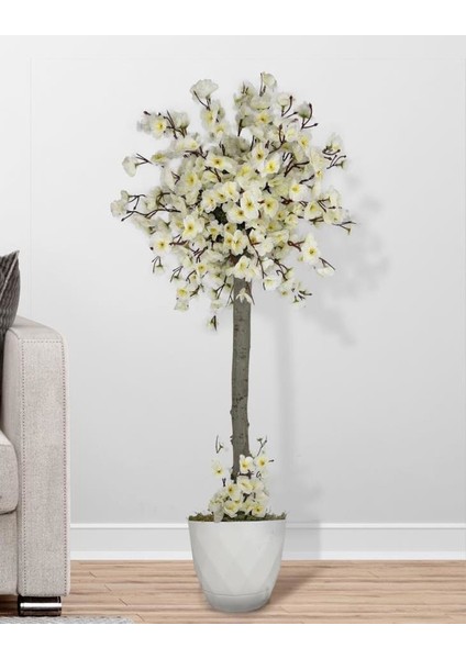 Yapay Ağaç Bahar Dalı Japon Kiraz Çiçeği Beyaz Plastik Saksılı 90 cm Beyaz