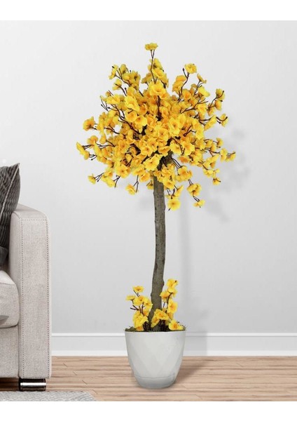 Yapay Ağaç Bahar Dalı Japon Kiraz Çiçeği Beyaz Plastik Saksılı 90 cm Sarı