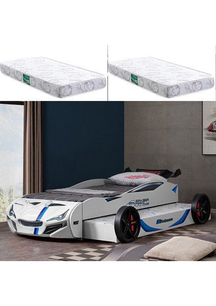 Mercedes Rüzgarlıklı Yavrulu Arabalı Yatak, Beyaz + 2 Adet Comfort Yatak