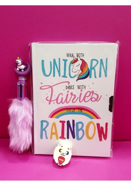 Dizayn Unicorn Kilitli Hatıra ve Günlük Defteri + Lisanslı Unicorn Tükenmez Kalem + Silgi